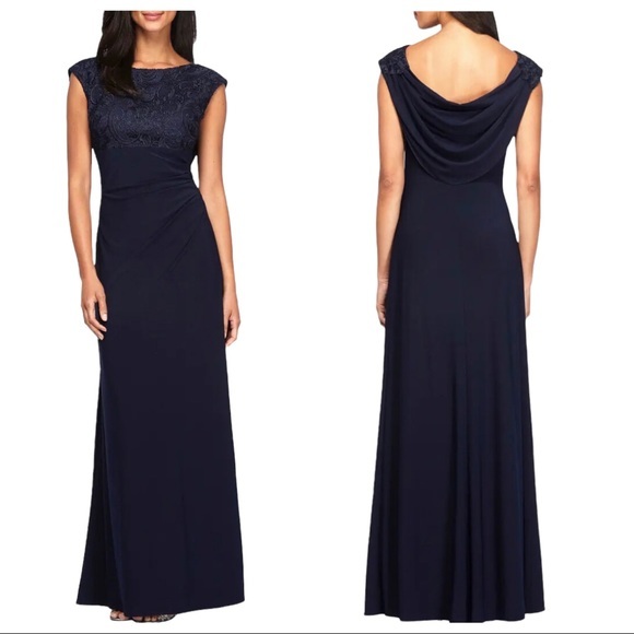 Alex Evenings Dresses & Skirts - Alex Evenings Brocade Bodice Empire Waist Drape Cowl Back Navy Blue Gown 10 NWT